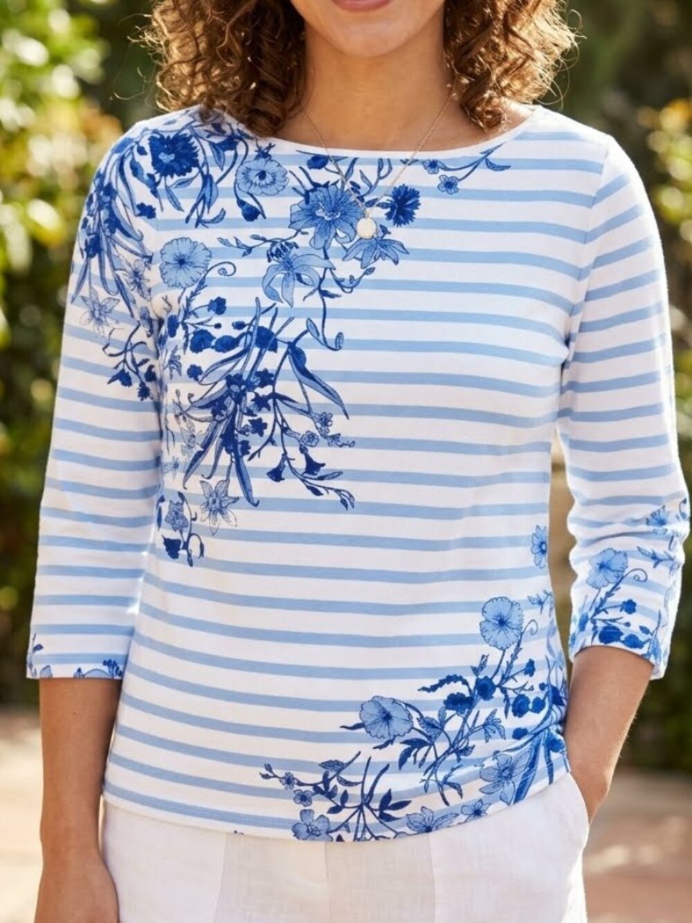Talbots Women's Scoop Neck T-Shirt Blue White Striped Floral 3/4 Sleeve Top